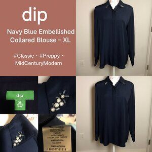 ✨ Dip Navy Beaded Pearl Collar Blouse – XL – Coquette • Classic • Chic